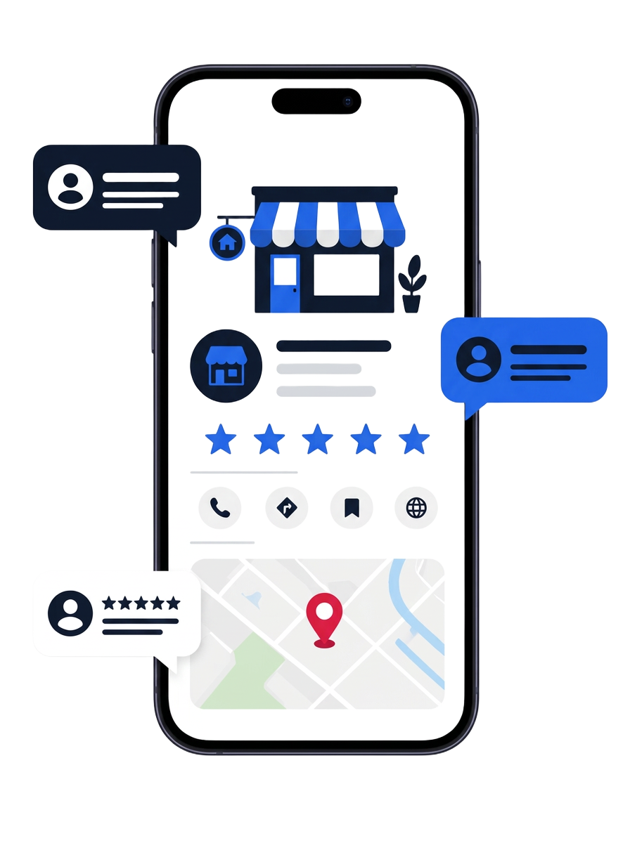 Google business listing with reviews and map